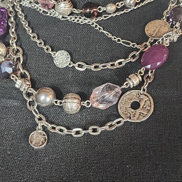 Premier Designs Silver Tone Three Strand Purple Silver Bead Coin 32" Necklace - Picture 13 of 16